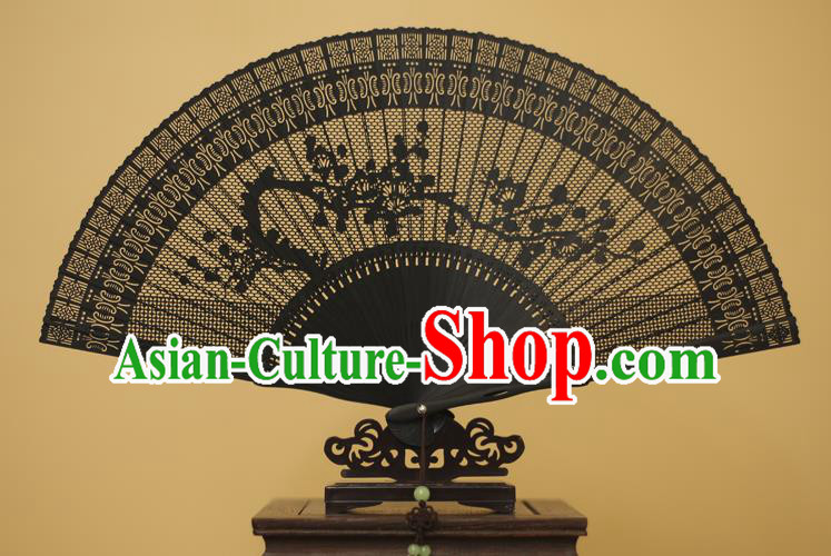 Traditional Chinese Crafts Hollow Out Plum Blossom Folding Fan, China Handmade Sandalwood Black Fans for Women