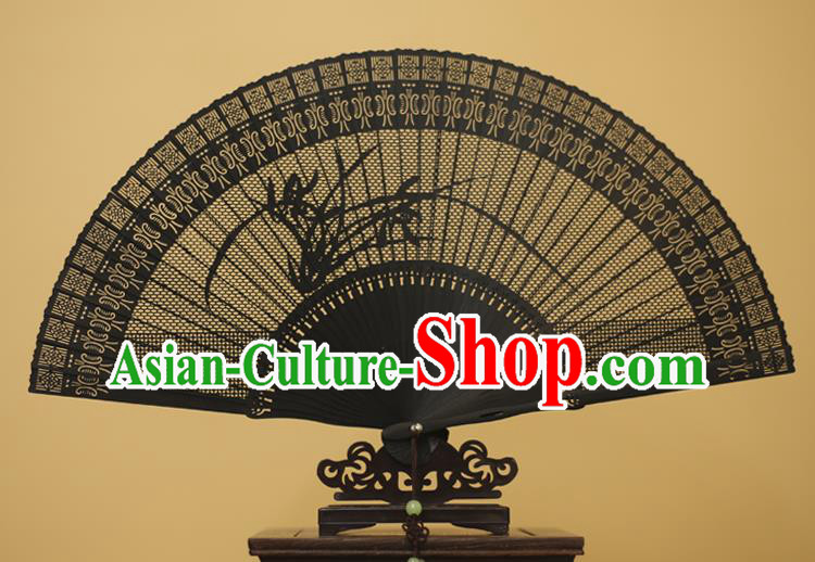 Traditional Chinese Crafts Hollow Out Orchid Folding Fan, China Handmade Sandalwood Black Fans for Women