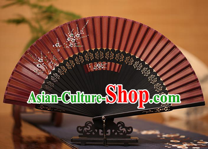 Traditional Chinese Crafts Printing Plum Blossom Folding Fan, China Handmade Classical Purplish Red Silk Fans for Women