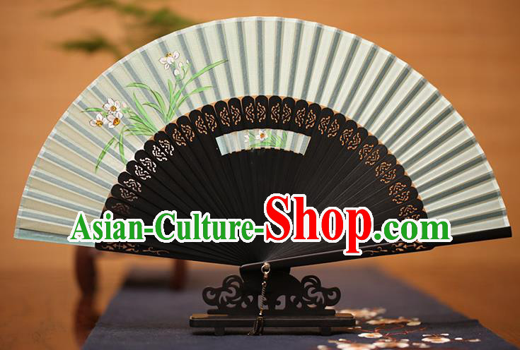 Traditional Chinese Crafts Printing Orchid Folding Fan, China Handmade Classical Green Silk Fans for Women