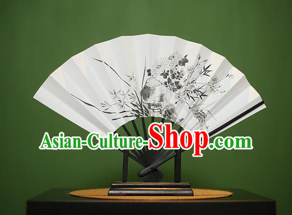 Traditional Chinese Crafts Printing Orchid Chrysanthemum Paper Folding Fan, China Handmade Classical Fans for Women