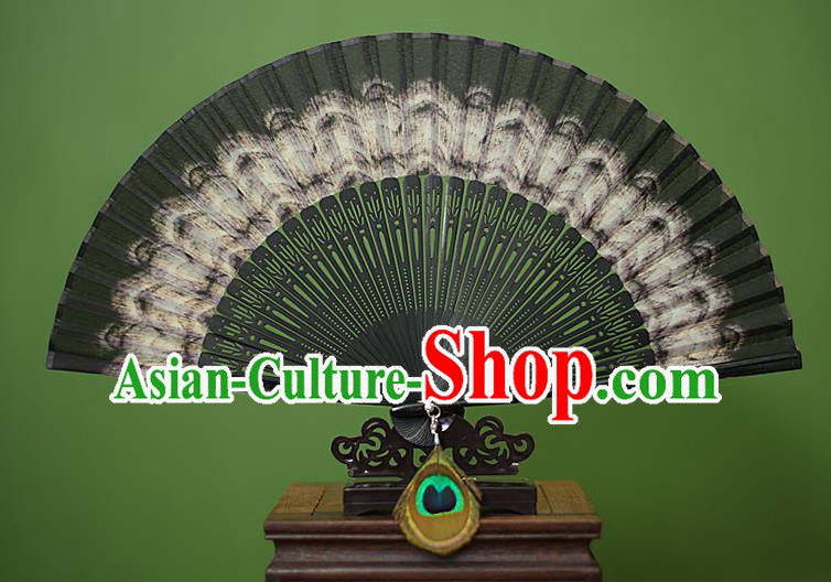 Traditional Chinese Crafts Peacock Spreads Tail Folding Fan, China Handmade Classical Black Silk Fans for Women