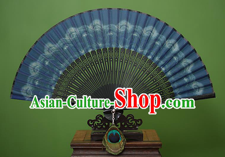 Traditional Chinese Crafts Peacock Spreads Tail Folding Fan, China Handmade Classical Blue Silk Fans for Women