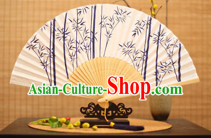 Traditional Chinese Crafts Printing Blue Bamboo Folding Fan, China Handmade Classical Fans for Women
