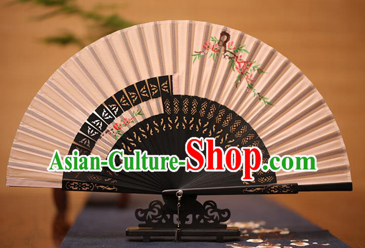 Traditional Chinese Crafts Printing Peach Blossom Folding Fan, China Handmade Classical Pink Silk Fans for Women