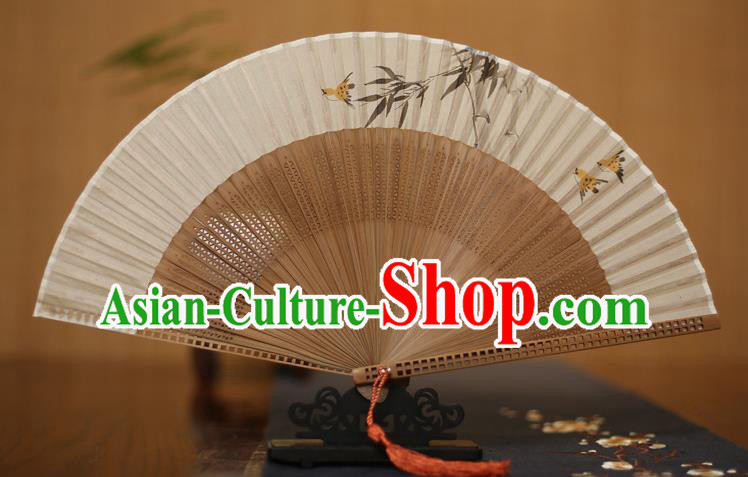 Traditional Chinese Crafts Printing Bamboo Leaf Folding Fan, China Handmade Classical Silk Pierced Fans for Women