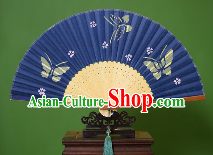 Traditional Chinese Crafts Printing Butterfly Folding Fan, China Handmade Classical Blue Silk Fans for Women