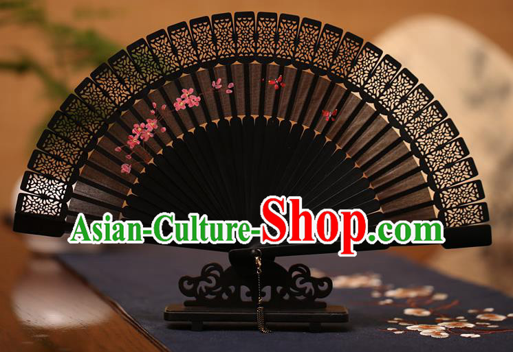 Traditional Chinese Crafts Hand Painting Folding Fan, China Handmade Classical Carving Black Fans for Women