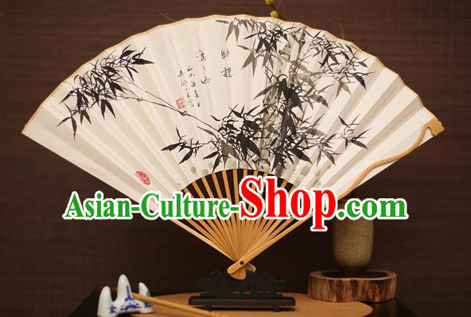 Traditional Chinese Crafts Collectables Autograph Folding Fan, China Handmade Classical Ink Painting Bamboo Xuan Paper Fans for Men