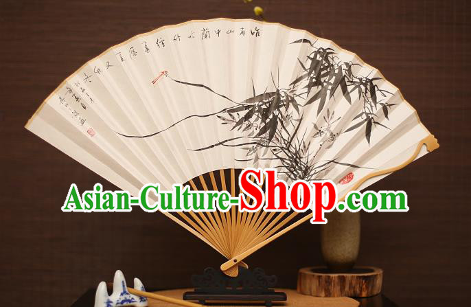 Traditional Chinese Crafts Collectables Autograph Folding Fan, China Handmade Classical Ink Painting Orchid Bamboo Xuan Paper Fans for Men