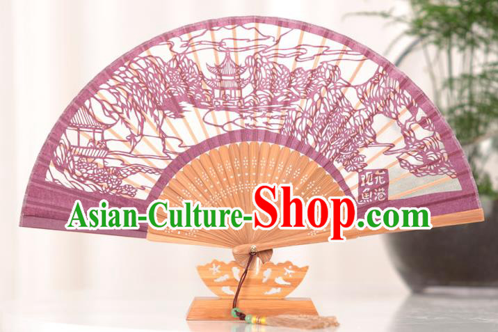 Traditional Chinese Crafts West Lake Scenery Folding Fan, China Handmade Classical Amaranth Silk Fans for Women
