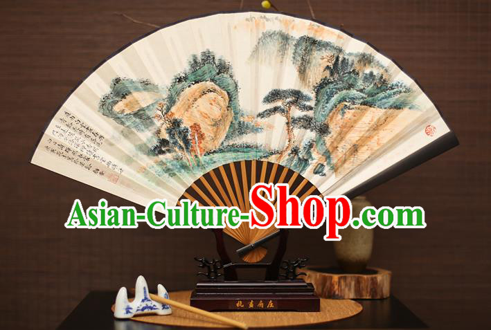 Traditional Chinese Crafts Landscape Painting Paper Folding Fan, China Handmade Ebony Fans for Men