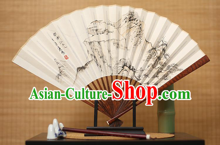 Traditional Chinese Crafts Ink Painting Paper Folding Fan, China Handmade Ebony Fans for Men