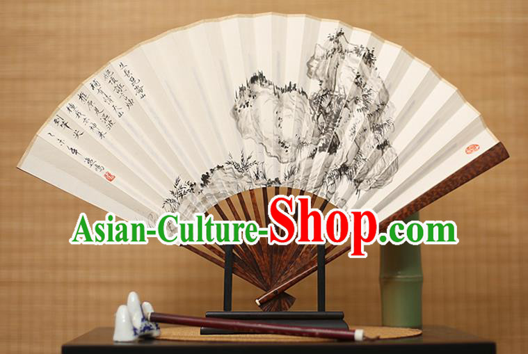 Traditional Chinese Crafts Ink Painting Paper Folding Fan, China Handmade Snakewood Fans for Men