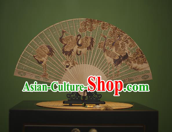 Traditional Chinese Crafts Carving Crane Classical Folding Fan, China Handmade Sandalwood Fans for Women