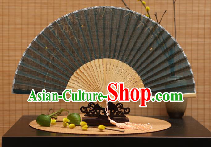 Traditional Chinese Crafts Classical Green Linen Folding Fan, China Handmade Printing Bamboo Fans for Women