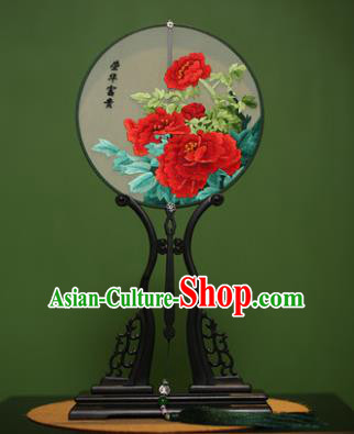 Traditional Chinese Crafts Suzhou Embroidery Red Peony Palace Fan, China Princess Embroidered Silk Round Fans for Women