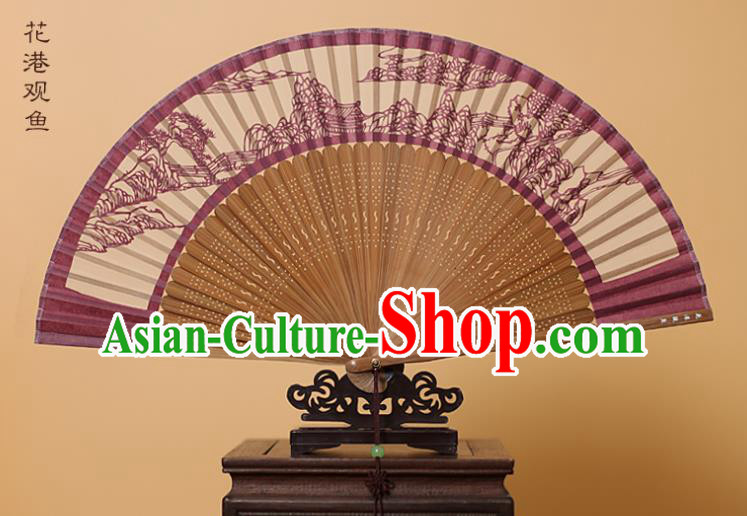 Traditional Chinese Crafts West Lake Scenery Folding Fan, China Handmade Scissor-Cut Amaranth Silk Fans for Women