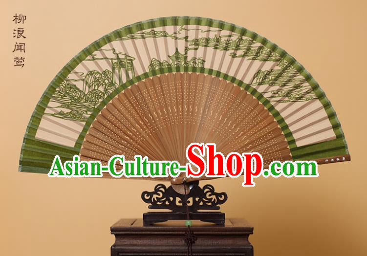 Traditional Chinese Crafts Scenery Folding Fan, China Handmade Scissor-Cut Green Silk Fans for Women