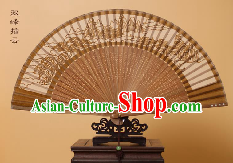 Traditional Chinese Crafts Mountain Scenery Folding Fan, China Handmade Scissor-Cut Brown Silk Fans for Women