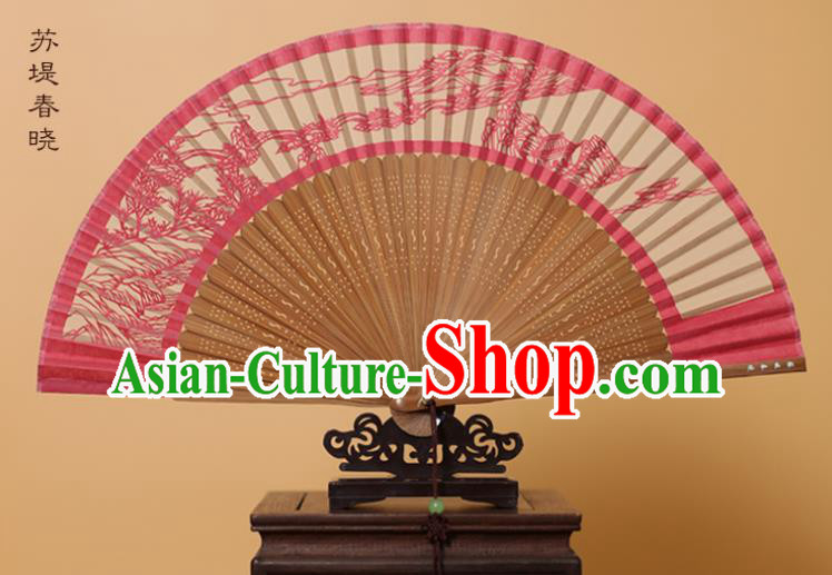 Traditional Chinese Crafts Su Causeway Spring Scenery Folding Fan, China Handmade Scissor-Cut Rosy Silk Fans for Women