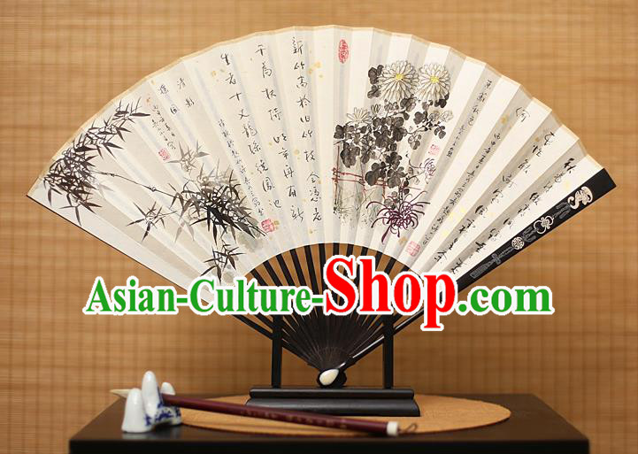 Traditional Chinese Crafts Collectables Autograph Xuan Paper Folding Fan, China Handmade Ink Painting Bamboo Chrysanthemum Fans for Men