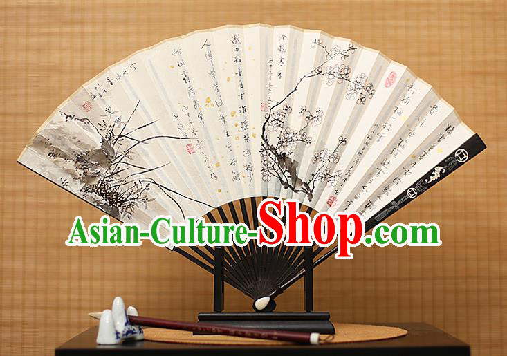 Traditional Chinese Crafts Collectables Autograph Xuan Paper Folding Fan, China Handmade Ink Painting Wintersweet Orchid Fans for Men