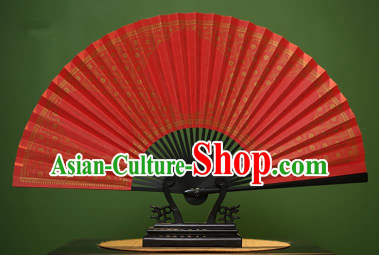 Traditional Chinese Crafts Red Paper Folding Fan, China Handmade Gold Stamping Fans for Men