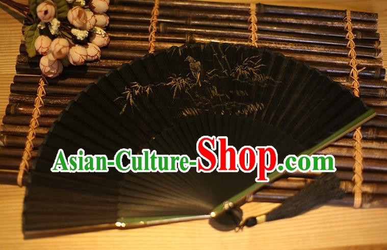 Traditional Chinese Crafts Printing Bamboo Classical Folding Fan, China Handmade Black Silk Fans for Women
