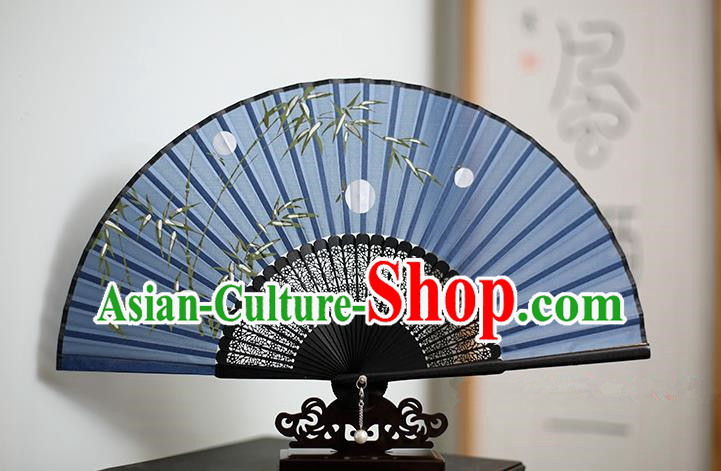 Traditional Chinese Crafts Printing Bamboo Classical Folding Fan, China Handmade Blue Silk Fans for Women
