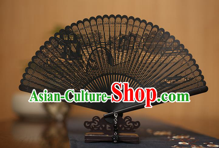 Traditional Chinese Crafts Hollow Out Ebony Folding Fan, China Handmade Sandalwood Black Fans for Women
