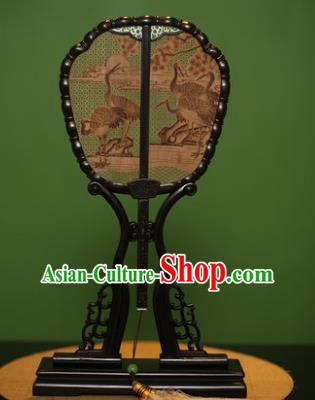 Traditional Chinese Crafts Sandalwood Carving Crane Palace Fan, China Princess Red Rosewood Fans for Women