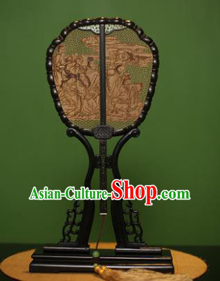 Traditional Chinese Crafts Sandalwood Carving Eight Immortals Palace Fan, China Princess Red Rosewood Fans for Women
