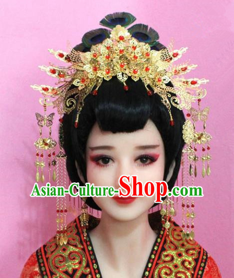 Traditional Chinese Handmade Hair Accessories Ancient Princess Hairpins Golden Tassel Phoenix Coronet Complete Set for Women