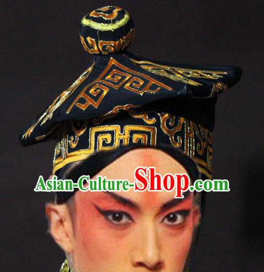 Traditional China Beijing Opera Takefu Black Hats, Chinese Peking Opera Imperial Bodyguard Embroidered Headwear