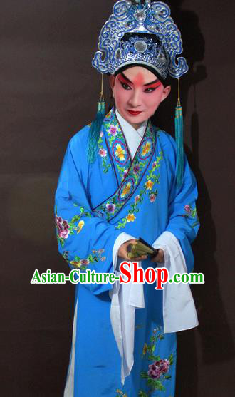 Traditional China Beijing Opera Niche Costume Blue Embroidered Robe, Chinese Peking Opera Gifted Scholar Clothing