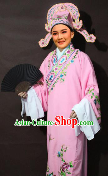 Traditional China Beijing Opera Niche Costume Pink Embroidered Robe, Chinese Peking Opera Gifted Scholar Clothing