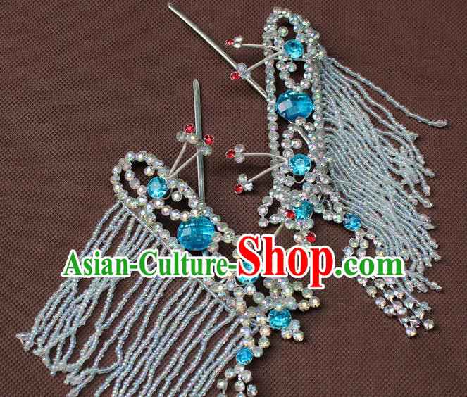 Traditional China Beijing Opera Actress Hair Accessories Blue Crystal Hairpins, Chinese Peking Opera Diva Headwear