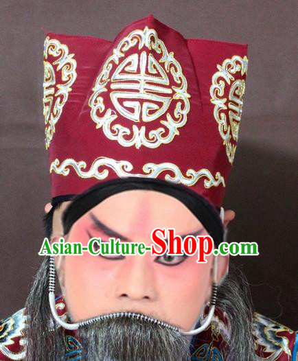 Traditional China Beijing Opera Ministry Councillor Embroidery Red Hats, Chinese Peking Opera Old Men Embroidered Headwear
