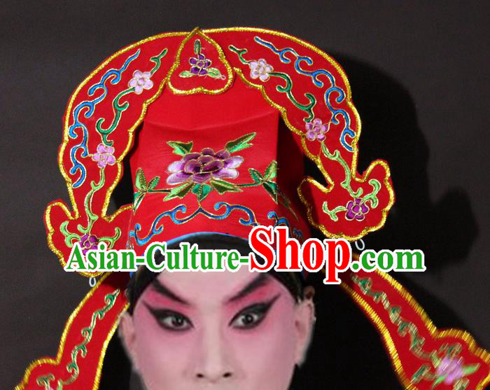 Traditional China Beijing Opera Niche Embroidery Red Hats, Chinese Peking Opera Scholar Headwear