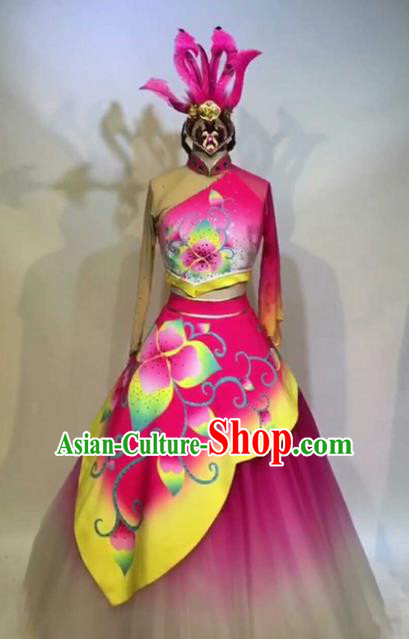 Chinese Traditional Folk Dance Costume Classical Lotus Dance Pink Dress for Women