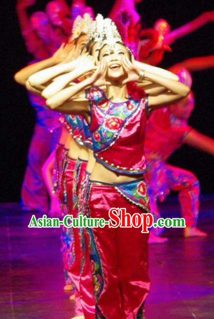 Chinese Traditional Yi Nationality Costume Folk Dance Ethnic Rosy Clothing for Women