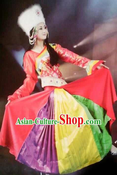 Chinese Traditional Zang Nationality Costume Tibetan Folk Dance Red Dress Ethnic Clothing for Women
