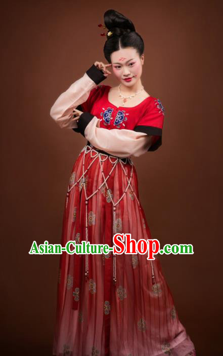 Traditional Chinese Ancient Apsara Princess Costumes Tang Dynasty Palace Lady Red Hanfu Dress for Women