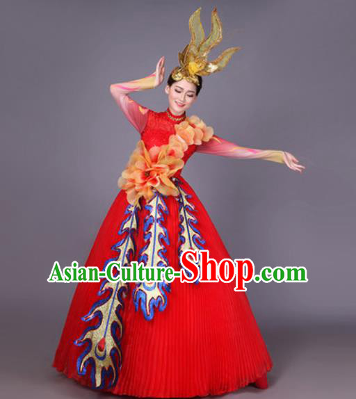 Professional Modern Dance Red Veil Dress Opening Dance Stage Performance Chorus Costume for Women