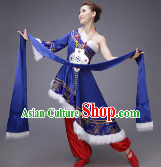 Chinese Traditional Zang Nationality Dance Costume Tibetan Folk Dance Ethnic Royalblue Dress for Women
