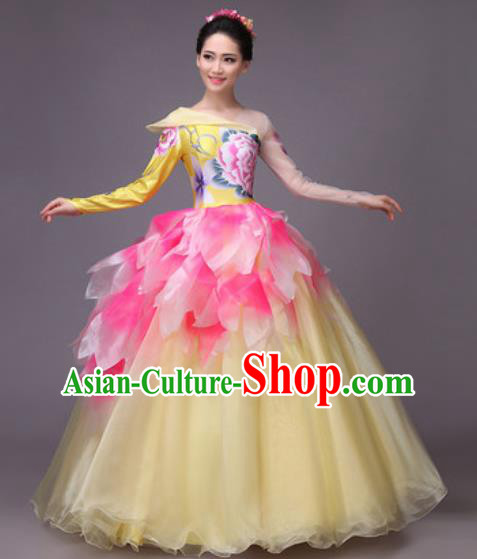 Chinese Classical Dance Costume Traditional Folk Dance Peony Flower Dress for Women