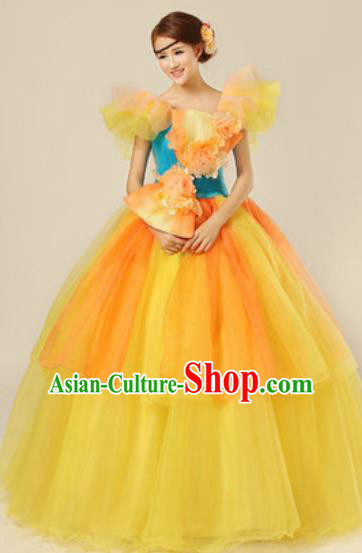 Top Grade Modern Dance Yellow Costume Ballroom Waltz Stage Performance Chorus Dress for Women