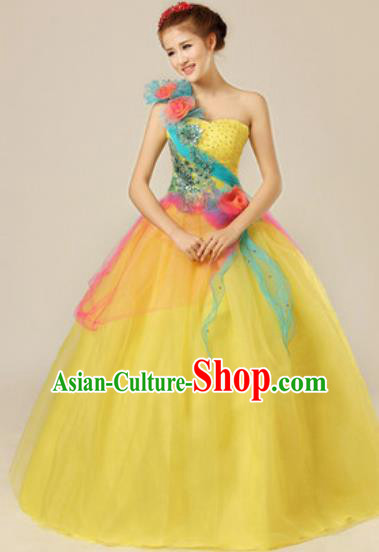 Top Grade Chorus Compere Yellow Veil Costume Modern Dance Ballroom Waltz Stage Performance Dress for Women