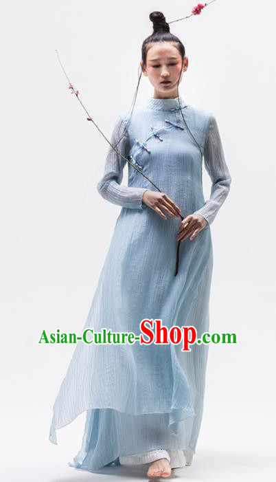 Chinese National Costume Traditional Cheongsam Tang Suit Blue Qipao Dress for Women
